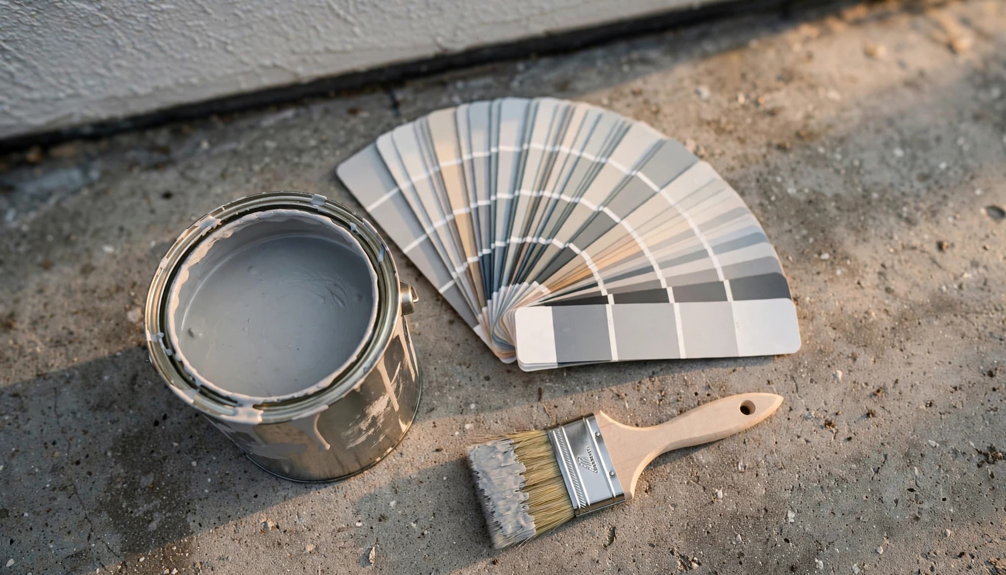An open paint can, color fan deck, and brush sit before a light gray stucco wall.