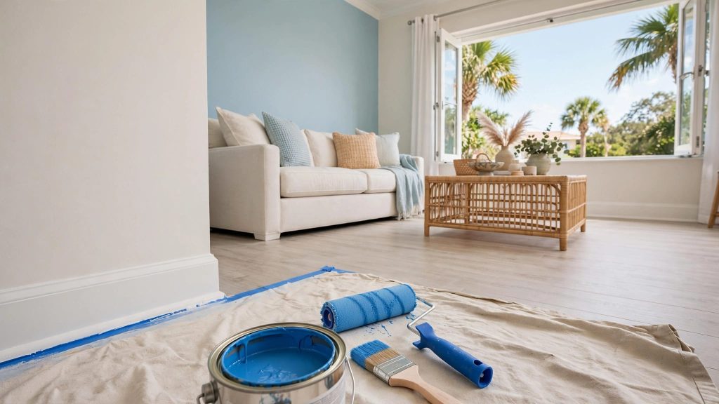Painting tools and an open blue can rest beside a taped edge in a bright living room.