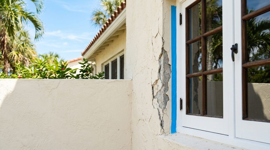 Cracked stucco beside a window on a sunny coastal home.
