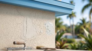 A repaired stucco crack and bubbling paint beside blue trim, with a trowel and brush below.