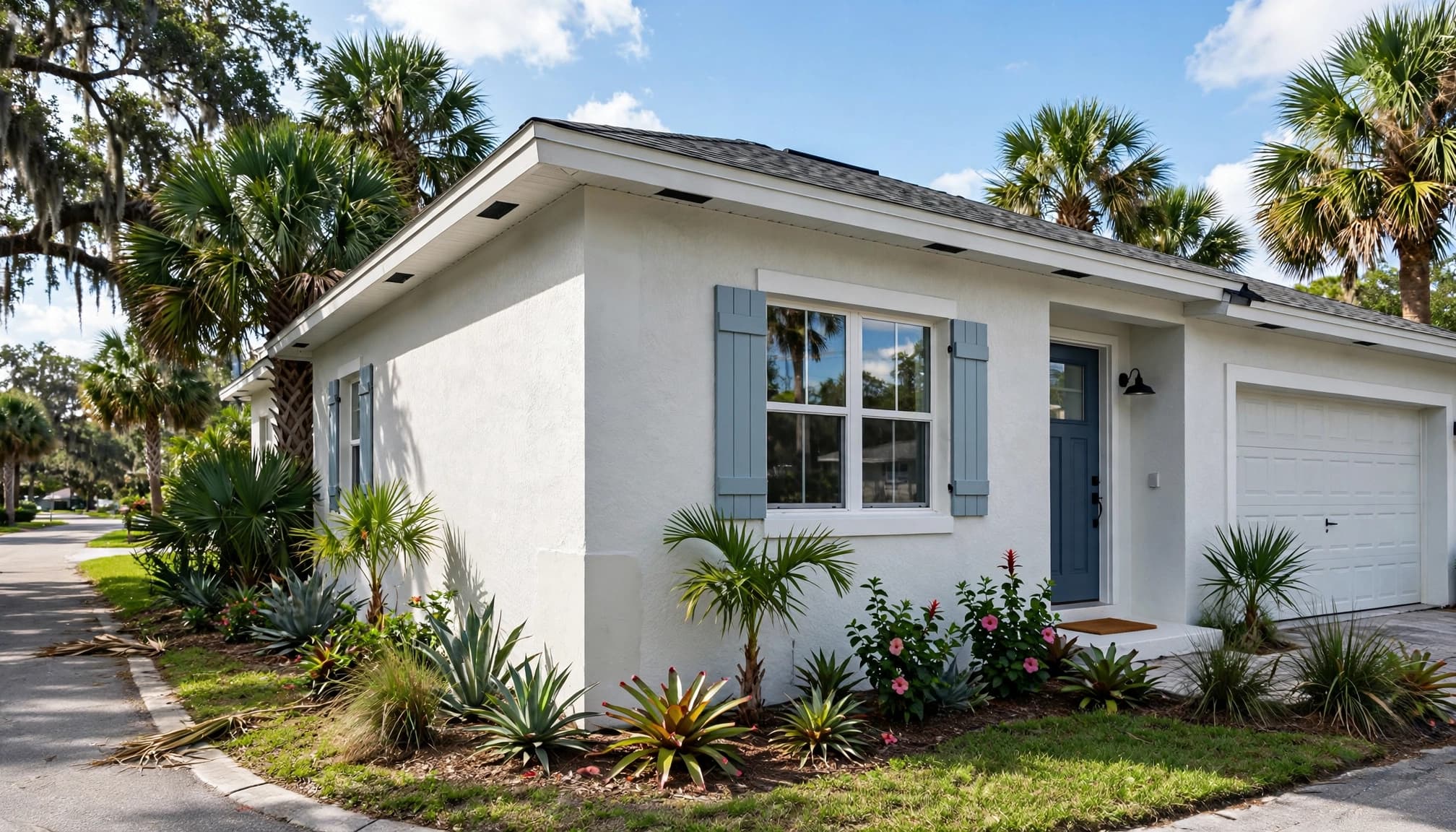 A Florida stucco home with a smooth repair, palms, and shrubs.