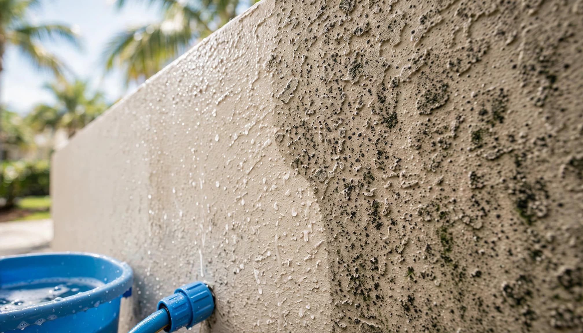 A dark mildew patch meets clean stucco beside a blue hose fitting.