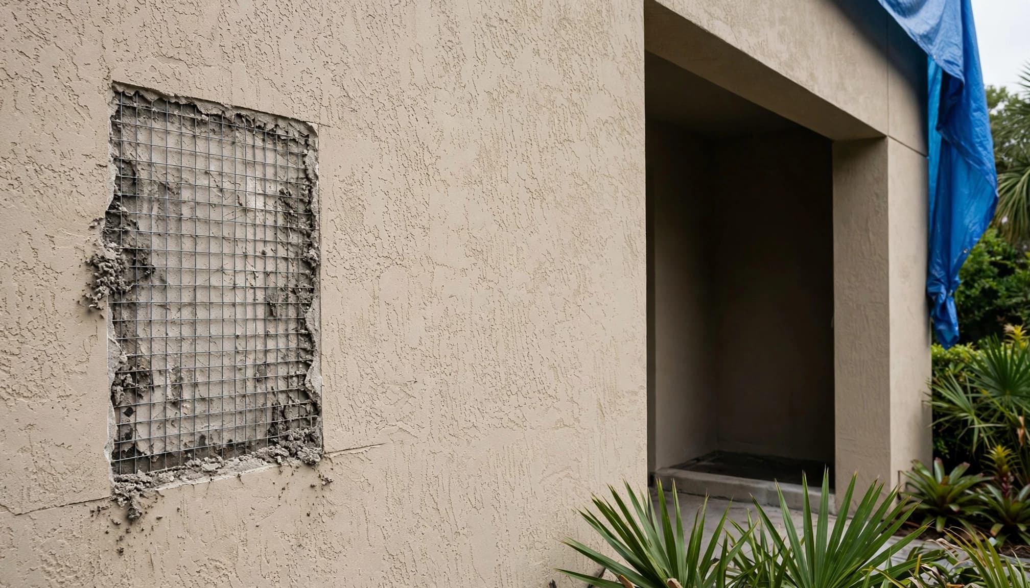 A clean-edged repair area on a stucco wall near a shaded entry and landscaping.