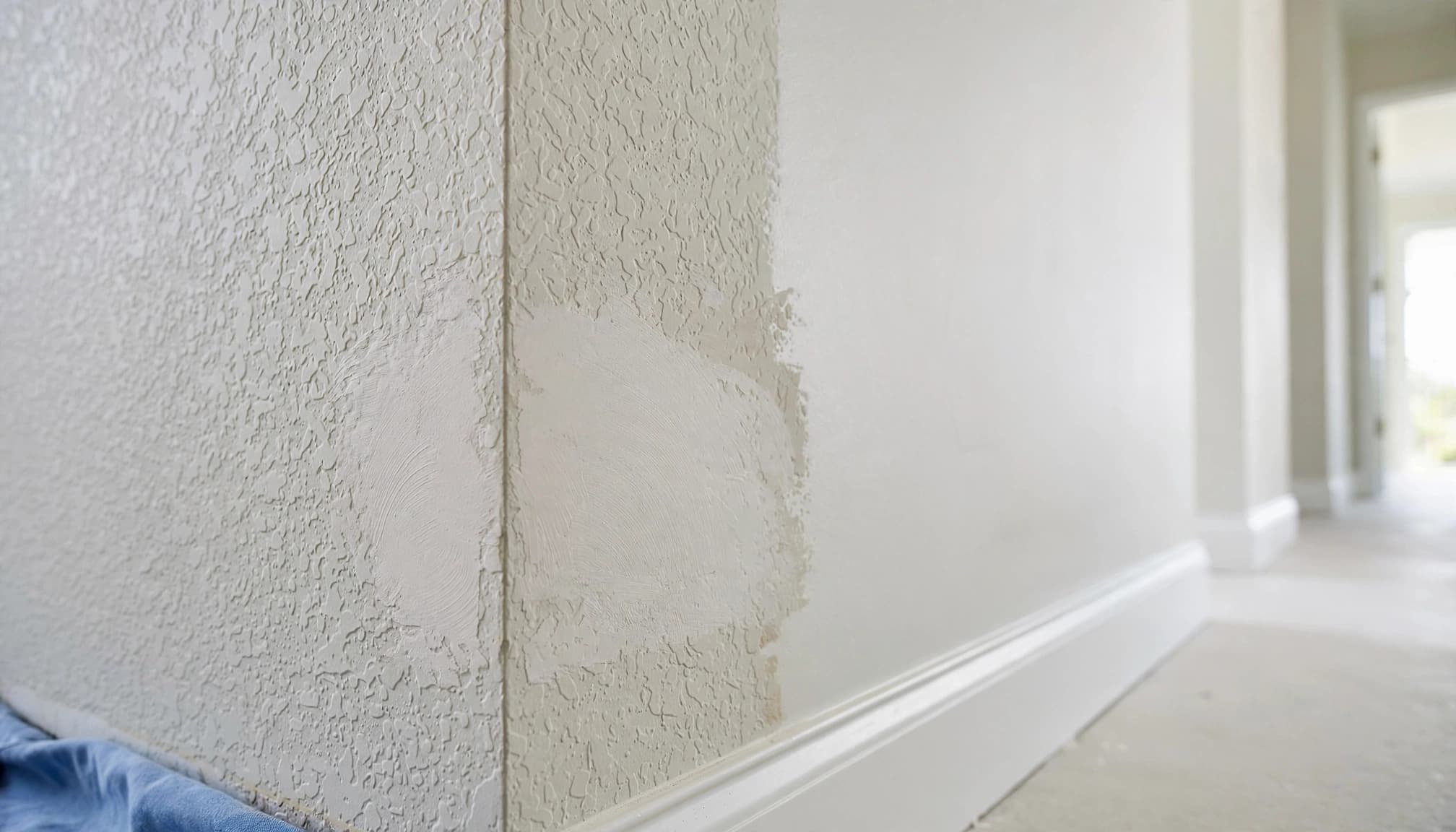 A feathered wall patch beside smooth stucco and white trim in a bright hallway.