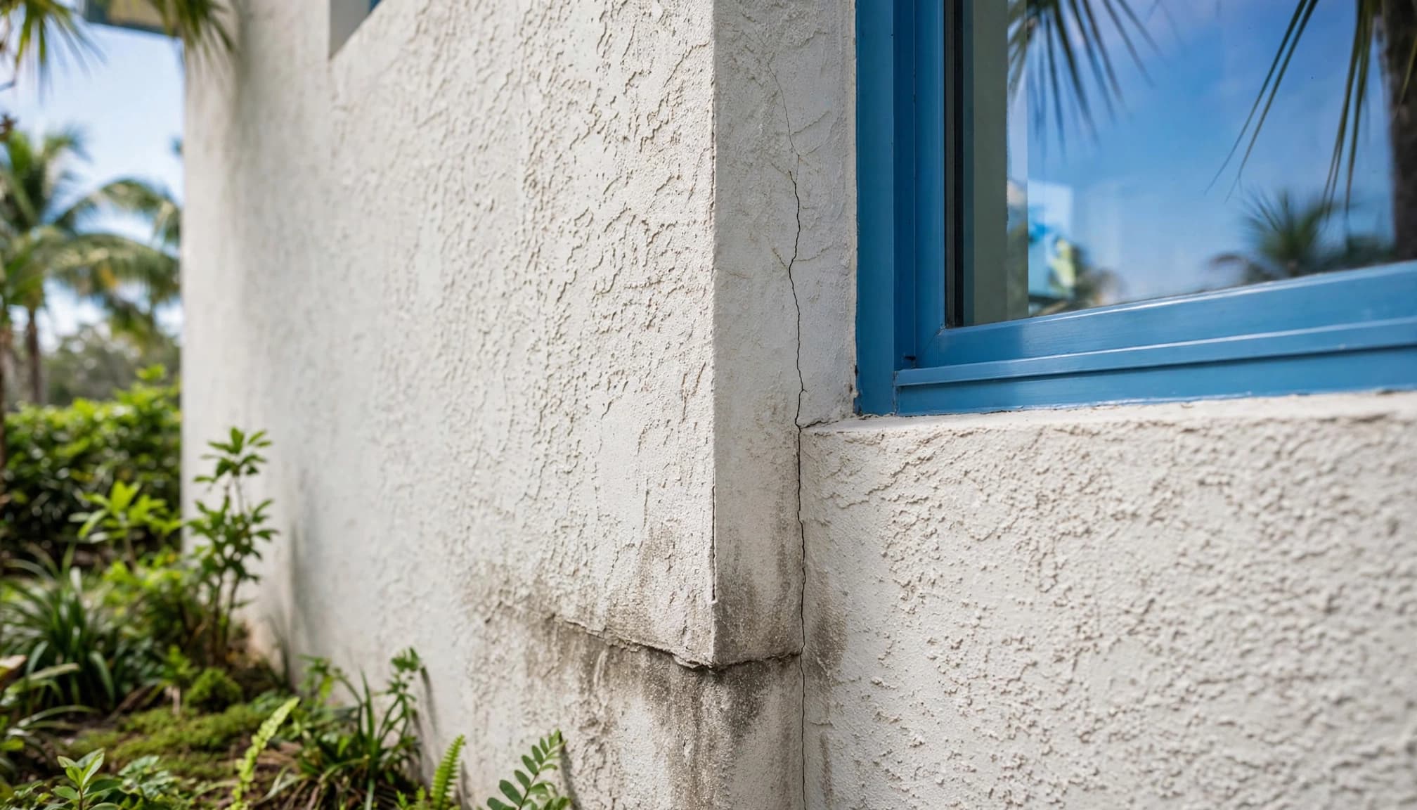 A narrow crack and slight discoloration appear in stucco beside a window, above green landscaping.