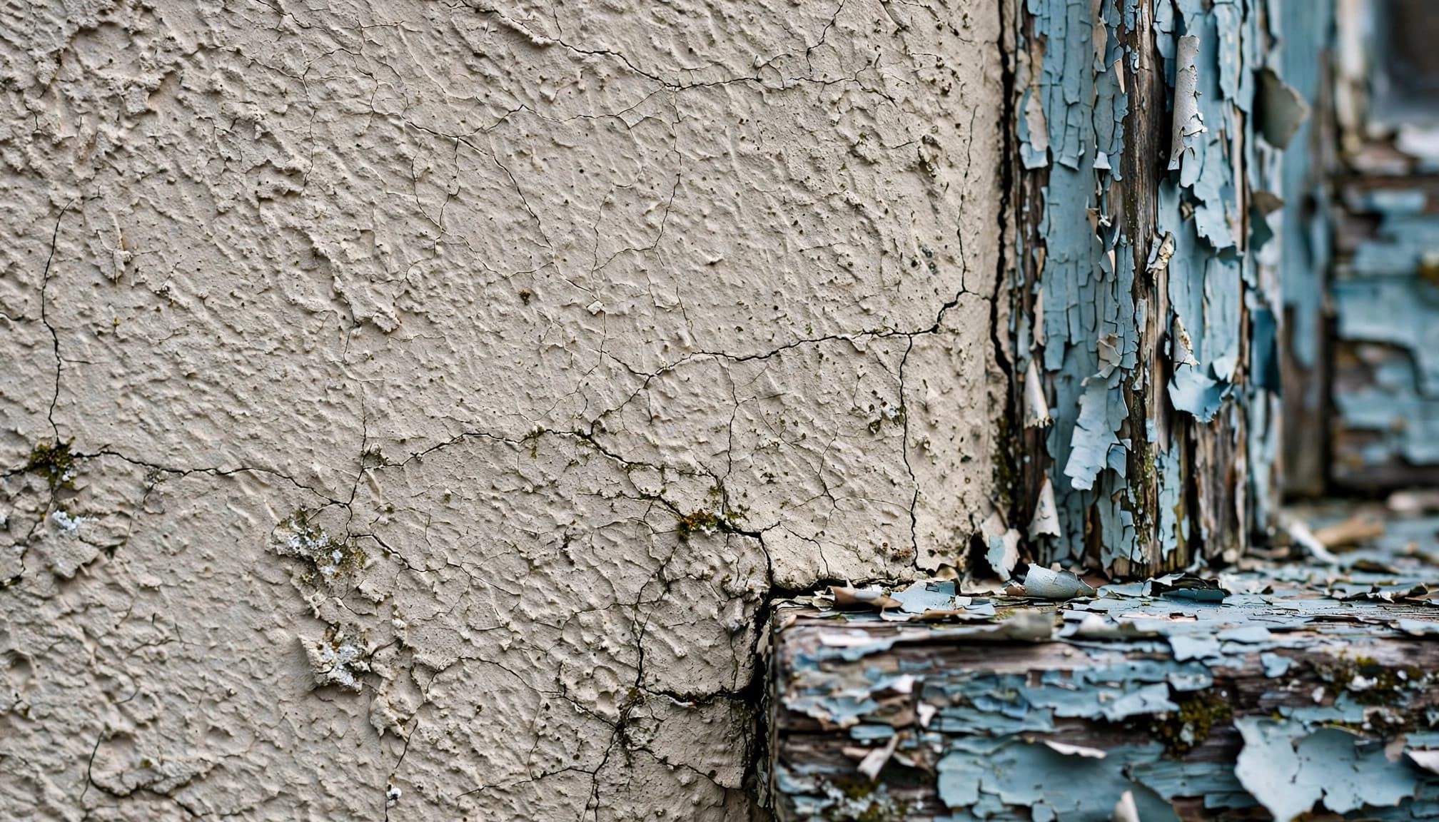 Cracked stucco and peeling paint beside a window.
