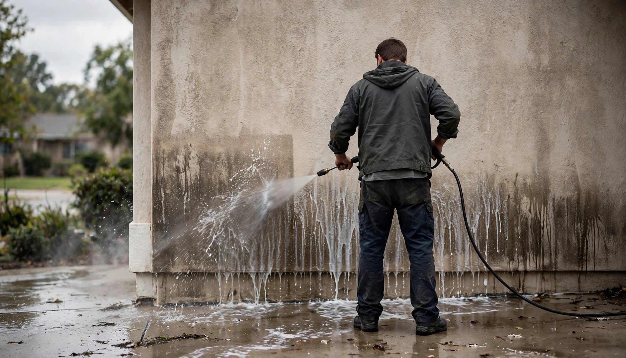 A worker pressure washes the lower stucco wall of a house.