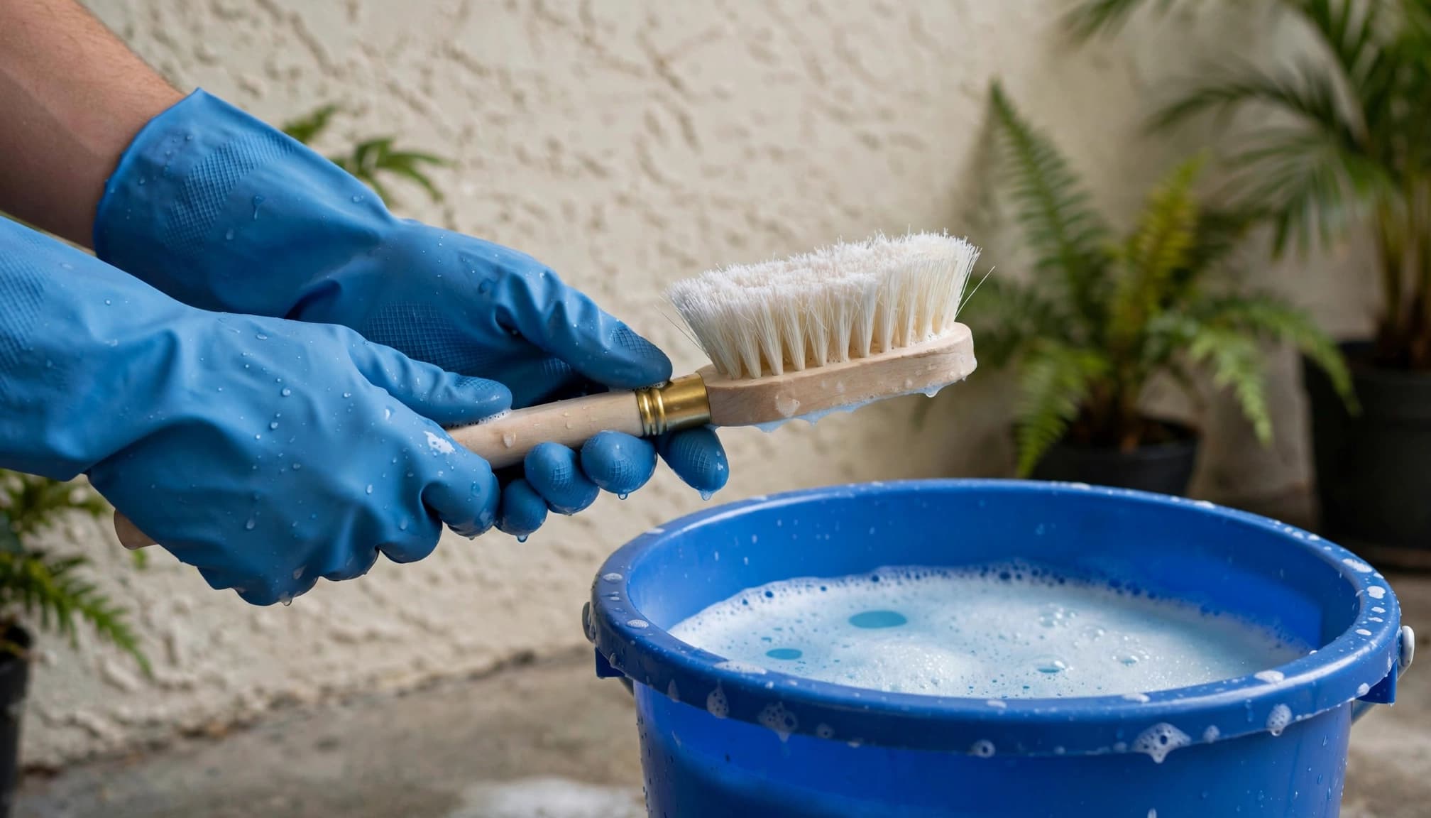 Blue-gloved hands hold a soft brush beside a bucket in front of a stucco wall.